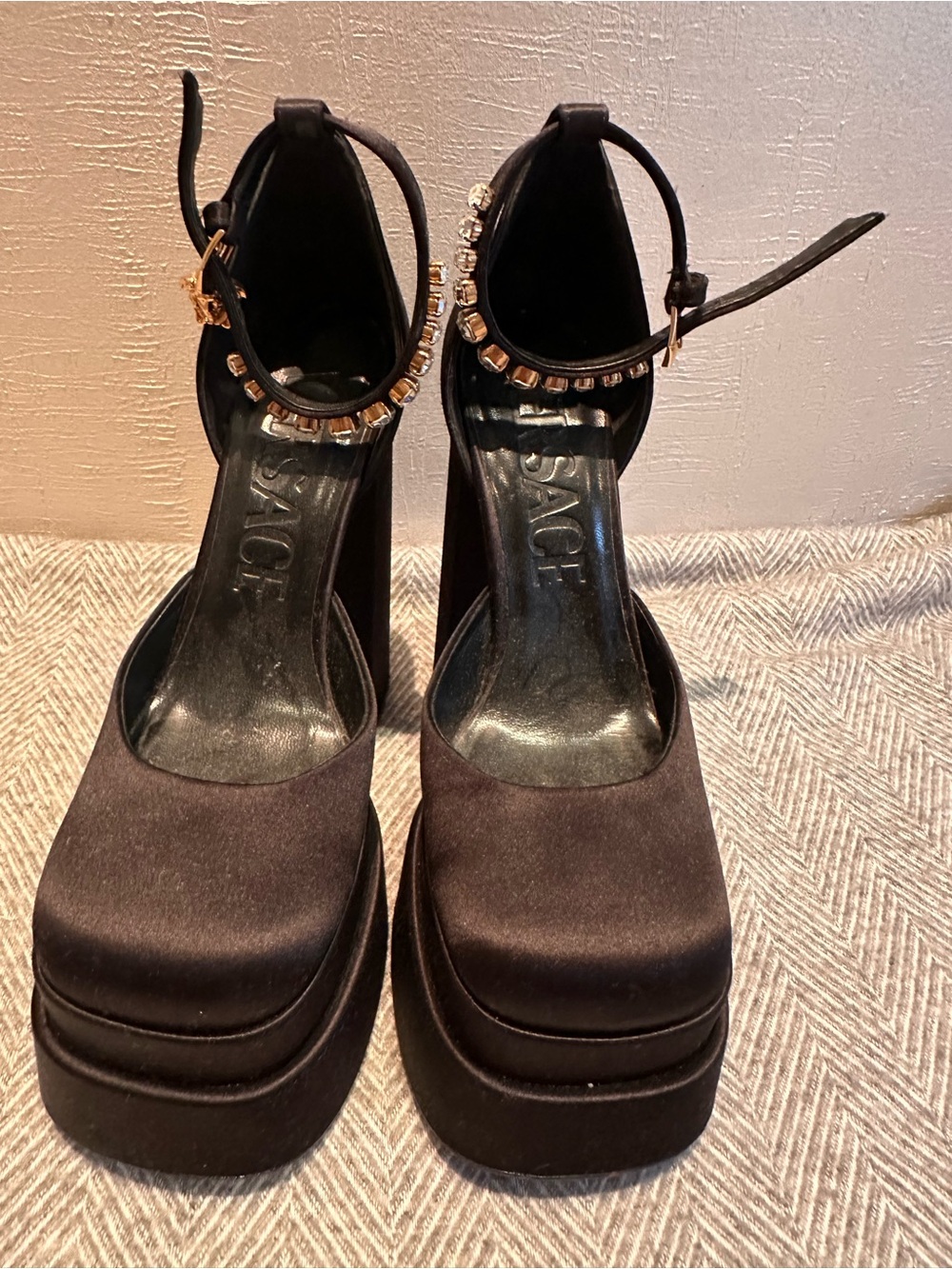 Versace Black Satin Jeweled Ankle-Strap Platform Pumps